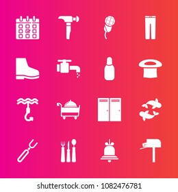 Premium set with fill vector icons. Such as food, alert, notification, mail, construction, alarm, tap, fork, clothing, seafood, clothes, trousers, audio, mailbox, music, schedule, entrance, time, post