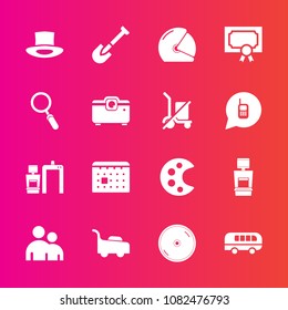 Premium set with fill vector icons. Such as disk, day, disc, calendar, scan, speed, palette, xray, cd, mower, hat, people, transportation, road, tool, timetable, bus, person, schedule, motorcycle, dvd
