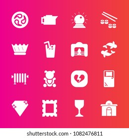 Premium set with fill vector icons. Such as house, toy, boiler, heart, wine, real, diamond, espresso, home, building, crown, business, cafe, kamon, frame, drink, alcohol, teddy, sushi, jewel, picture