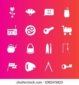 Premium set with fill vector icons. Such as commerce, bag, floral, smile, country, instrument, nation, medicine, technology, medical, traditional, toothbrush, japan, health, fan, key, hygiene, guitar