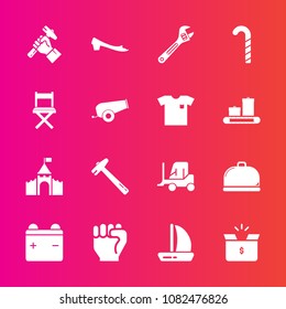Premium set with fill vector icons. Such as tool, concept, castle, equipment, wrench, building, spanner, lollipop, container, human, cargo, builder, boat, restaurant, foreman, transport, package, seat