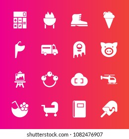 Premium set with fill vector icons. Such as juice, footwear, toy, barbecue, summer, drawing, book, child, style, accounting, calculator, flight, sink, ambulance, baby, artist, grill, rattle, meat, tap