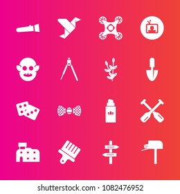 Premium set with fill vector icons. Such as success, camera, paper, lamp, torch, creative, art, casino, drone, tie, beauty, dice, paddle, night, way, elegance, light, business, arrow, origami, boat