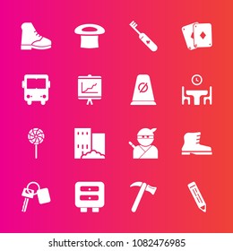 Premium set with fill vector icons. Such as spanner, leather, food, sweet, hygiene, fashion, hammer, samurai, care, building, health, brush, key, house, footwear, auto, estate, tool, pencil, business