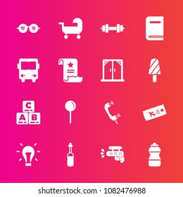 Premium set with fill vector icons. Such as hippie, pin, laboratory, transportation, phone, book, gun, gym, water, sunglasses, drop, electricity, bus, education, airplane, kid, equipment, childhood
