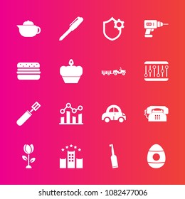 Premium set with fill vector icons. Such as automobile, kitchen, breakfast, tooth, hand, cooking, vehicle, drill, holiday, office, brush, internet, easter, stationery, hotel, spring, finance, pan, hot