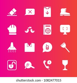 Premium set with fill vector icons. Such as call, winter, security, clothing, pigeon, cold, scarf, warm, new, protection, kitchen, phone, glass, sign, ringing, leather, eraser, unlock, food, hood, pan