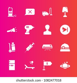 Premium set with fill vector icons. Such as food, truck, table, freezer, housework, hat, communication, clinic, planet, closed, location, delivery, conditioner, phone, globe, dentistry, earth, dentist