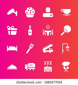 Premium set with fill vector icons. Such as furniture, security, human, service, transportation, double, gift, safety, holiday, white, box, sign, sweet, celebration, food, bed, cup, cargo, coffee, bar