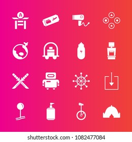 Premium set with fill vector icons. Such as adventure, liquid, web, travel, hair, ship, japan, dryer, weapon, download, nautical, camp, hairdryer, pin, robot, game, ticket, samurai, android, taiko