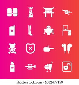 Premium set with fill vector icons. Such as bear, food, cute, beauty, bottle, tank, lighthouse, dessert, travel, audio, lock, sound, aroma, security, sweet, light, music, dinner, shrine, beacon, teddy