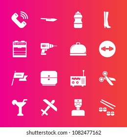 Premium set with fill vector icons. Such as restaurant, salmon, nation, drill, knife, seafood, alcohol, airplane, sign, radio, footwear, media, hospital, flight, phone, martini, machine, japan, oven