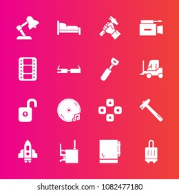 Premium set with fill vector icons. Such as camera, protection, business, music, computer, rocket, microphone, bedroom, luggage, bag, hammer, spanner, office, desk, fun, craft, play, spaceship, bed