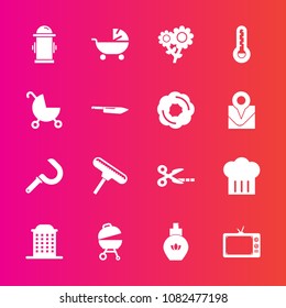Premium set with fill vector icons. Such as house, blossom, nature, spring, fashion, television, technology, brush, harvesting, stroller, agriculture, screen, chief, restaurant, bottle, fire, harvest