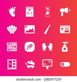 Premium set with fill vector icons. Such as sprayer, newspaper, foot, communication, housework, internet, boiler, home, deactivate, energy, pesticide, banner, heater, menu, cabinet, glove, interior