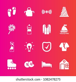 Premium set with fill vector icons. Such as light, cookie, slipper, bottle, building, fun, cook, tie, dessert, home, pinafore, elegance, security, check, bedroom, house, chef, apron, street, spray