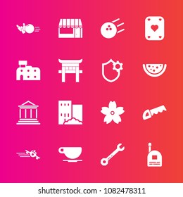 Premium set with fill vector icons. Such as cup, bank, travel, plane, bowling, wrench, communication, grocery, sakura, sport, blossom, construction, real, poker, coffee, child, cherry, supermarket