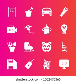 Premium set with fill vector icons. Such as plastic, monitor, comfortable, diskette, winter, mill, cold, home, asian, kitty, power, summer, electricity, tag, wind, flight, athlete, animal, work, sign