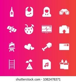 Premium set with fill vector icons. Such as letter, tool, woman, alcohol, lady, toy, girl, drawing, romance, flame, love, ladder, artist, internet, note, send, music, wine, decoration, child, baby