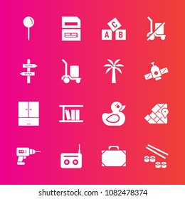 Premium set with fill vector icons. Such as travel, drop, file, map, fish, atlas, machine, style, shipping, equipment, music, japan, abc, save, bag, media, fashion, sushi, library, duck, sign, work
