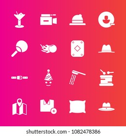 Premium set with fill vector icons. Such as television, t-shirt, film, cowboy, pillow, party, drum, belt, road, bar, bathroom, map, clown, sheriff, glass, video, camera, drink, hygiene, sound, music
