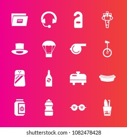 Premium set with fill vector icons. Such as hotdog, hat, heater, jar, fashion, file, bottle, jam, paper, style, sound, home, health, drink, glass, music, sausage, hygiene, water, wine, dental, motel