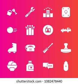 Premium set with fill vector icons. Such as skating, bucket, hygiene, hammer, talk, roller, vacation, care, mouthwash, play, stamp, equipment, agriculture, lifestyle, concept, repair, construction