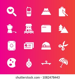 Premium set with fill vector icons. Such as kitchen, doughnut, document, clothing, fork, clothes, telephone, business, volcano, parasol, report, play, game, hat, rain, hanger, cloakroom, tropical, cut
