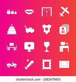 Premium set with fill vector icons. Such as garden, table, alcohol, ball, glass, photo, sign, picture, desk, baseball, sweet, travel, star, plane, flight, computer, beauty, border, food, car, weight
