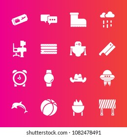 Premium set with fill vector icons. Such as time, fashion, flight, talk, leather, wildlife, hat, dolphin, spaceship, travel, smart, sport, gadget, ticket, headwear, hour, background, footwear, style