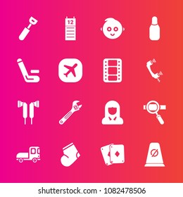 Premium set with fill vector icons. Such as street, kitchen, girl, wrench, reminder, fashion, agenda, child, face, technology, hammer, music, audio, spanner, game, background, transportation, sign