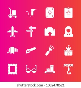 Premium set with fill vector icons. Such as food, white, background, cardiology, dentistry, airplane, fork, clinic, restaurant, warehouse, luggage, game, sand, drill, play, picture, package, saw, work