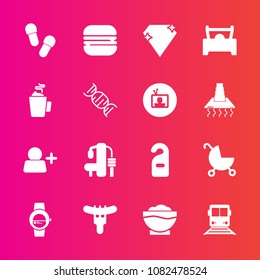 Premium set with fill vector icons. Such as hotel, privacy, dna, fitness, car, footwear, smart, label, sausage, hot, pram, transportation, hotdog, gem, vehicle, diamond, drink, carriage, restaurant