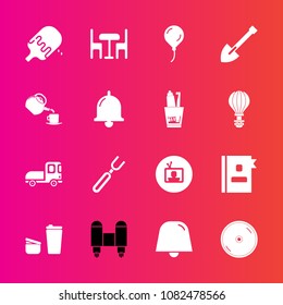 Premium set with fill vector icons. Such as technology, craft, decoration, book, truck, transportation, tv, ice, spaceship, rocket, directory, dessert, knife, sugar, cd, delivery, chair, restaurant