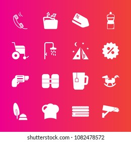 Premium set with fill vector icons. Such as burger, communication, pen, safety, tank, toy, discount, wheelchair, duck, restaurant, file, weapon, snack, broom, chef, hat, sandwich, white, handgun, tag