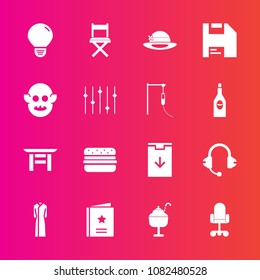 Premium set with fill vector icons. Such as ice, japan, dress, web, shrine, hat, hamburger, sweet, download, medical, diskette, torii, favorite, seat, sign, fiction, speaker, equality, cream, music