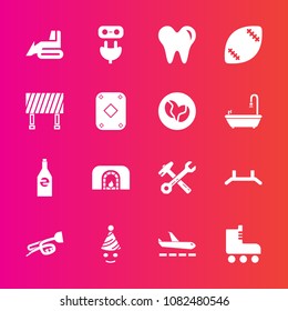Premium set with fill vector icons. Such as christmas, bulldozer, plug, home, birthday, construction, american, spanner, sound, electricity, airport, machinery, skate, power, energy, up, warm, fun