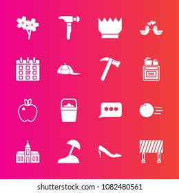 Premium set with fill vector icons. Such as religion, flower, hammer, traffic, female, fashion, spring, saw, street, shoe, sport, palm, king, crown, speech, church, pin, object, royal, ball, cherry