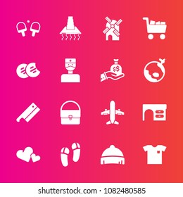 Premium set with fill vector icons. Such as clothing, power, romance, cooking, electricity, food, tennis, snack, bag, heart, desk, business, axe, energy, game, white, headwear, cart, plane, commerce