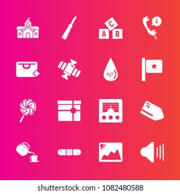 Premium set with fill vector icons. Such as medical, picture, present, image, education, food, audio, knife, lollipop, candy, city, tag, sound, photo, communication, discount, up, music, box, tea, cup