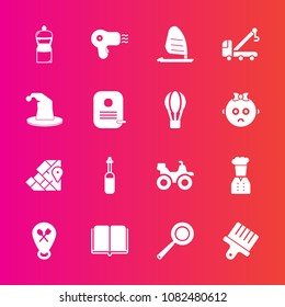 Premium set with fill vector icons. Such as drawing, wind, broom, extreme, bike, truck, travel, circus, sport, tow, chief, ocean, cooking, map, location, utensil, white, education, atlas, geography