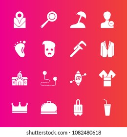 Premium set with fill vector icons. Such as bag, boat, position, utensil, juice, location, costume, kimono, child, cooking, map, house, king, city, baggage, palm, account, pan, beach, destination, sea