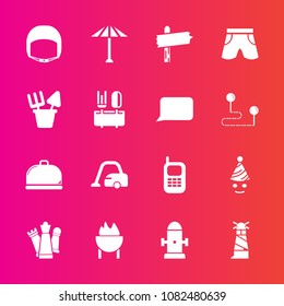 Premium set with fill vector icons. Such as restaurant, sea, game, barbecue, fire, worker, meat, celebration, chess, arrow, beacon, strategy, light, japanese, party, service, king, lighthouse, piece