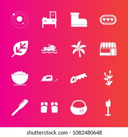 Premium set with fill vector icons. Such as footwear, interior, galaxy, saw, construction, bottle, home, restaurant, space, leather, planet, system, white, dish, stationery, object, electric, backpack