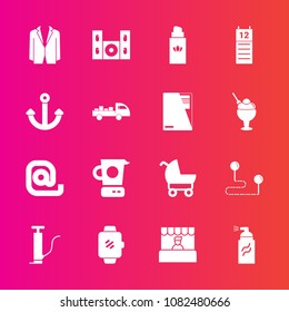 Premium set with fill vector icons. Such as point, mail, beauty, screen, destination, message, bottle, carriage, pump, supermarket, market, map, travel, street, home, cooking, store, child, suit, pram