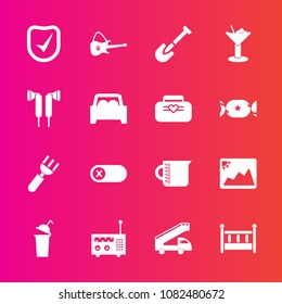 Premium set with fill vector icons. Such as home, cup, turn, construction, truck, off, radio, deactivate, beverage, frame, baby, fork, music, check, switch, child, knife, technology, white, restaurant