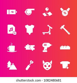 Premium set with fill vector icons. Such as cup, fruit, shirt, pin, kitchen, equipment, clothing, healthy, forest, clothes, apple, battery, space, location, nature, puzzle, alien, pointer, energy, map