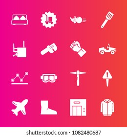 Premium set with fill vector icons. Such as ball, fun, hammer, mask, exclamation, office, entrance, data, bedroom, plane, bed, danger, water, sign, chart, bowling, graph, lift, stats, warehouse, boot