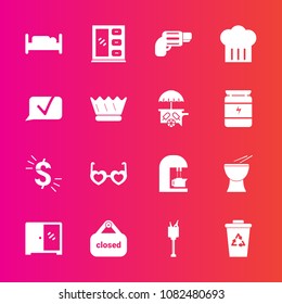 Premium set with fill vector icons. Such as sunglasses, drink, weapon, dollar, glasses, double, wine, bucket, hippie, restaurant, cabinet, interior, music, shop, bedroom, gun, furniture, chief, home