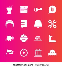 Premium set with fill vector icons. Such as agriculture, key, nation, banking, pasta, rice, timetable, telephone, food, sun, vacation, finance, day, sunset, gym, calendar, call, switch, bank, time